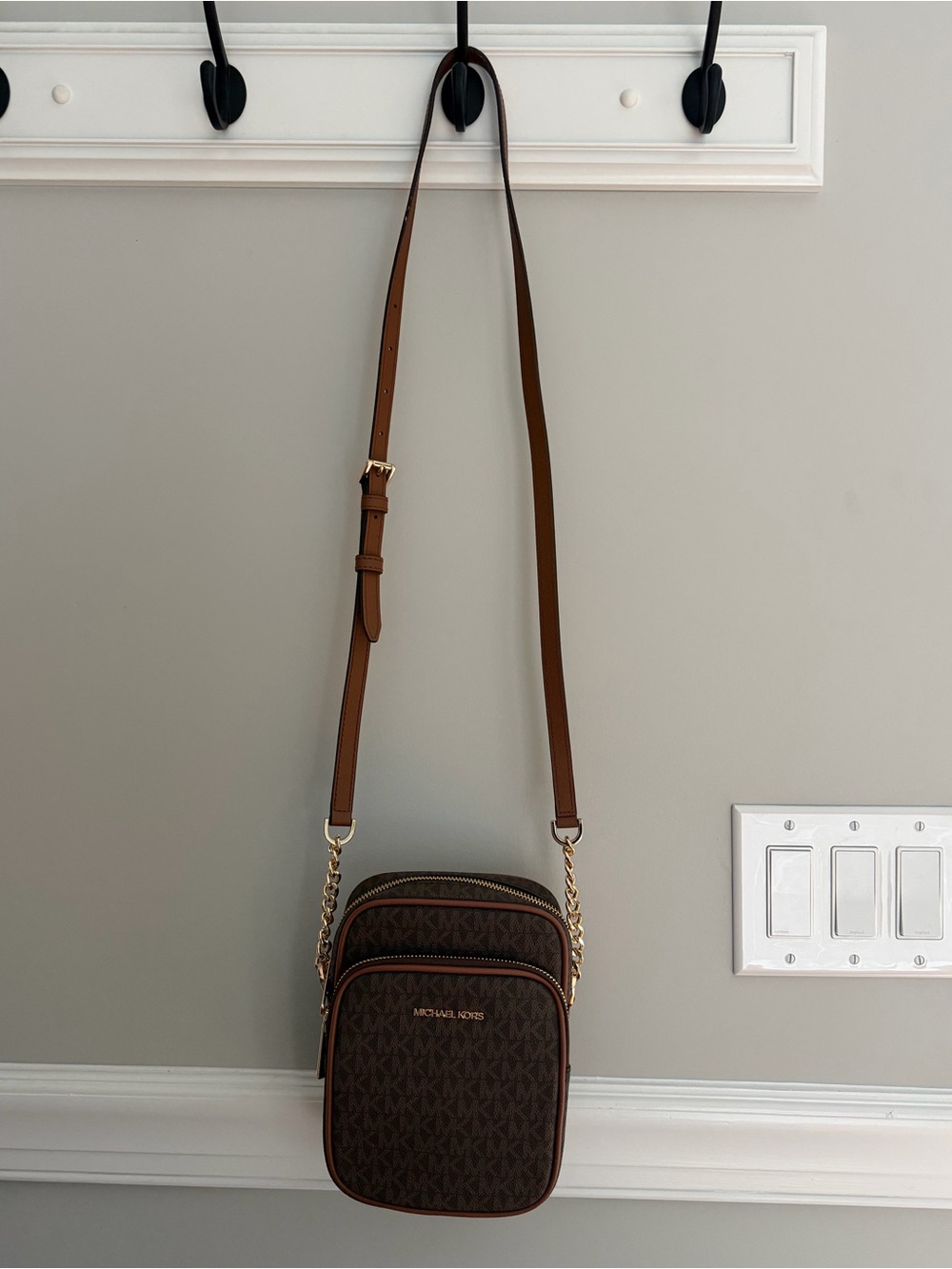 Michael Kors Small Brown double Zip/Crossbody Style Bag, MK Signature print